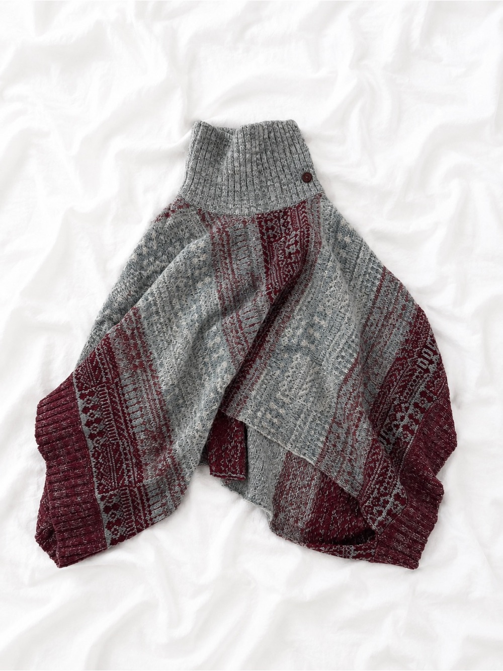 Free People Grey & Burgundy Patterned Turtleneck Poncho Sweater